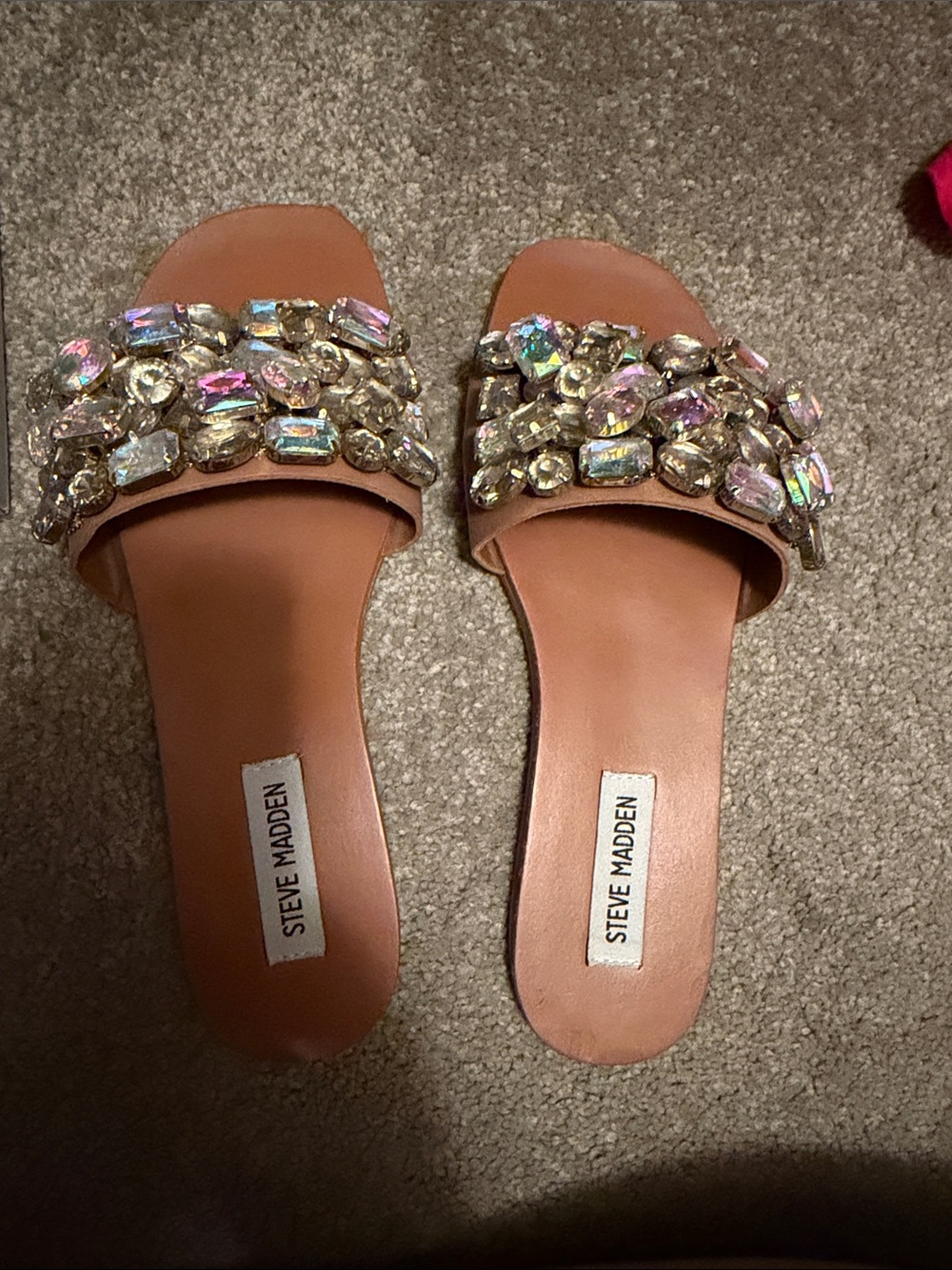 Steve Madden Jeweled Slide Sandals in Tan with Iridescent Crystals